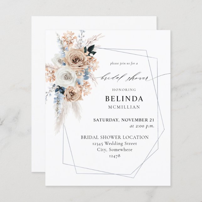 Papier Budget Bleu & Beige Boho Fête des mariées Florale (Devant / Derrière)