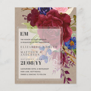 Papier Budget Bleu Bourgogne Rose Floral Invite Mariage F