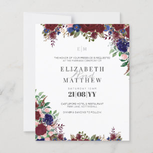 Papier Budget Bleu Bourgogne Roses Moderne Mariage Invite