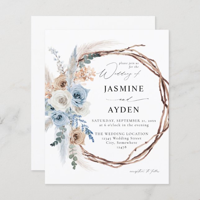 Papier Budget Bleu et Beige Boho Floral Mariage Wreath (Devant / Derrière)