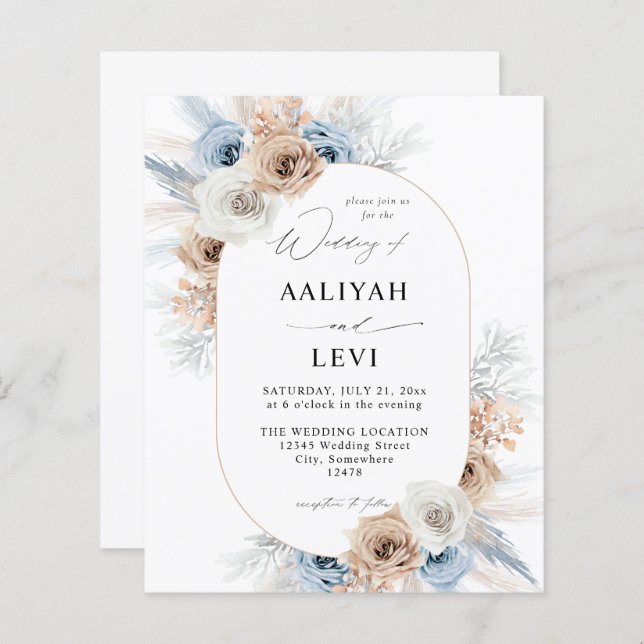 Papier Budget bleu et beige Boho Mariage floral 2 (Devant / Derrière)