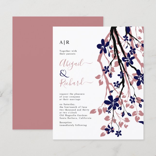 Papier BUDGET Bleu, faire-part de mariage rose floral pou (Devant / Derrière)
