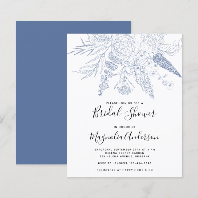 Papier BUDGET Bleu Floral Invitation à la douche nuptiale (Devant / Derrière)