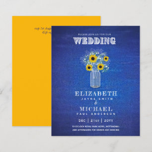 Papier BUDGET Bleu Jaune Tournesols Mariage Invitation