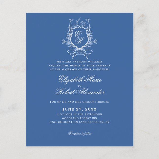 Papier BUDGET Bleu Monogramme Crest Mariage traditionnel (Devant)