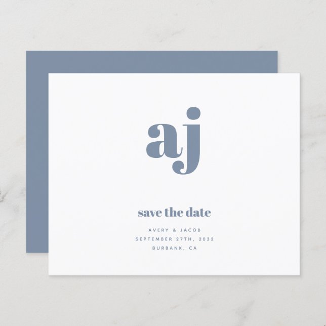 Papier BUDGET Bleu Monogramme Mariage Enregistrer La Date (Devant / Derrière)