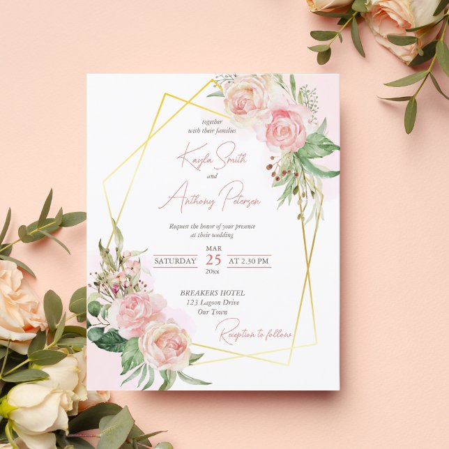 Papier Budget bleu or rose rose floral invitation mariage (Créateur téléchargé)