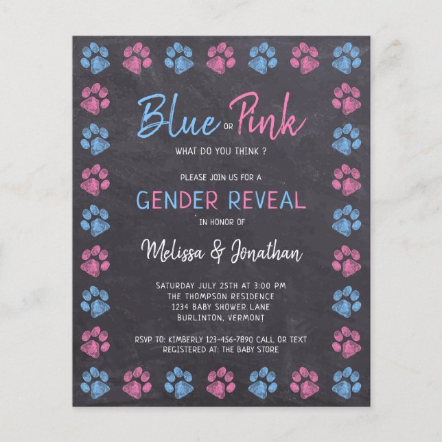 Papier Budget bleu rose Empreintes de pattes Invitation d (Devant)