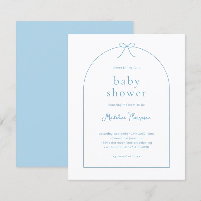 Papier BUDGET Bleu Ruban Bow Bow Baby shower (Devant / Derrière)