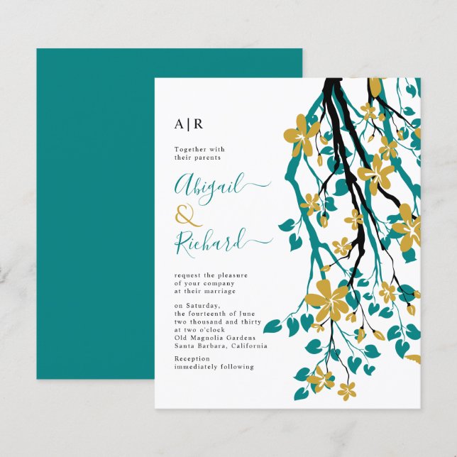 Papier BUDGET bleu Turquoise, or faire-part de mariage fl (Devant / Derrière)