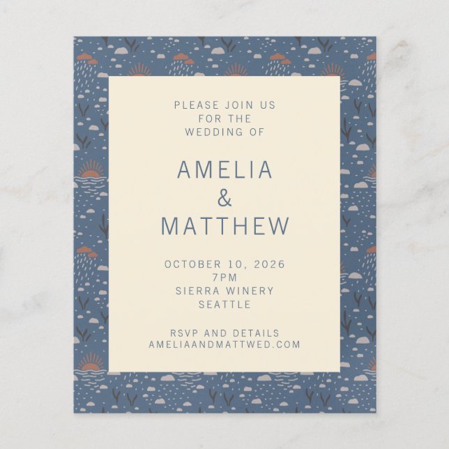 Papier Budget Blue and Rust Boho Nature Wedding Inviter (Devant)