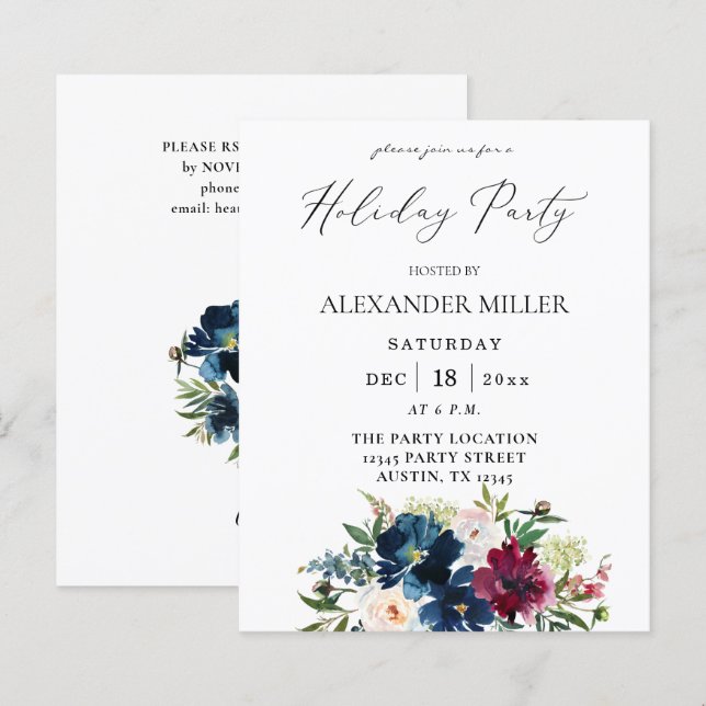 Papier Budget Blue, Bourgogne & Blanc Fête Florale (Devant / Derrière)