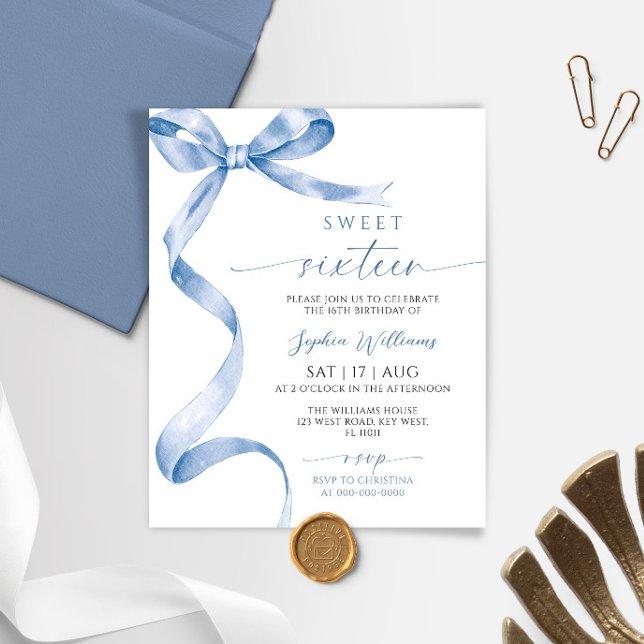 Papier Budget Blue Bow Sweet 16 Anniversaire Invitation (Créateur téléchargé)