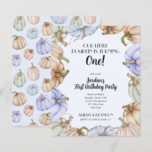 Papier Budget Blue Citrouilles Boy Invitations d'annivers (Devant / Derrière)