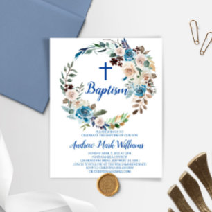 Papier Budget Blue Floral Baby Boy Baptism Invitation