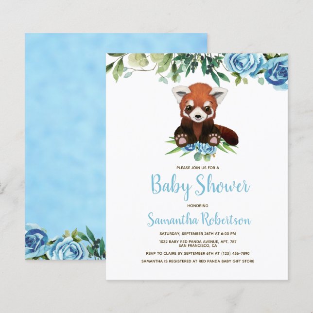 Papier Budget Blue Floral Bear Boy Baby shower Invitation (Devant / Derrière)