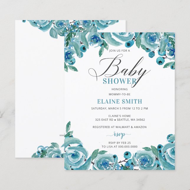 Papier Budget Blue Floral Boy Baby shower Invitation (Devant / Derrière)