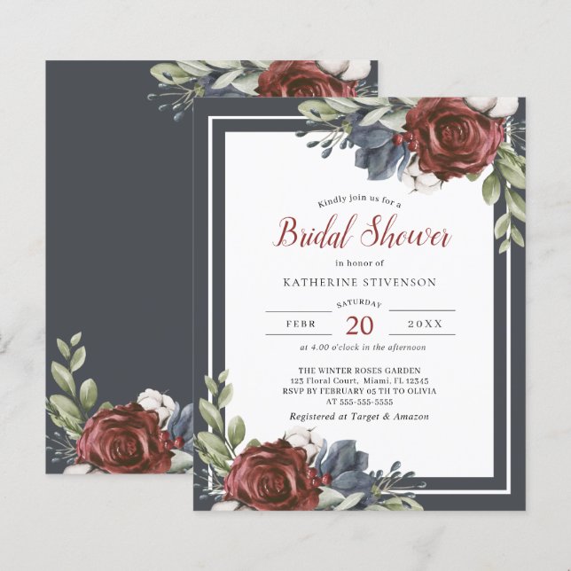 Papier Budget Blue Floral Dark Moody Fête des mariées Cir (Devant / Derrière)