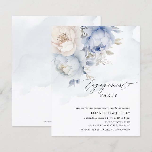 Papier Budget Blue Floral Engagement Party Invitations (Devant / Derrière)