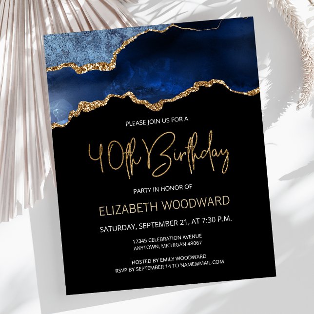 Papier Budget Blue Gold Agate 40e anniversaire Invitation (Créateur téléchargé)