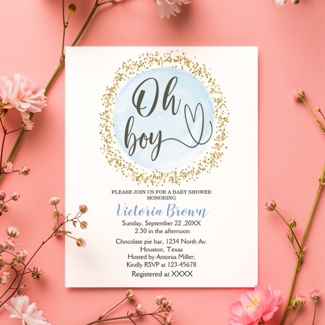 Papier Budget Blue Gold Baby shower Oh boy Invitation (Créateur téléchargé)