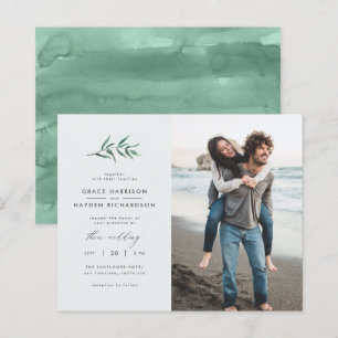 Papier Budget Blue Green Branch Mariage Photo Invitation