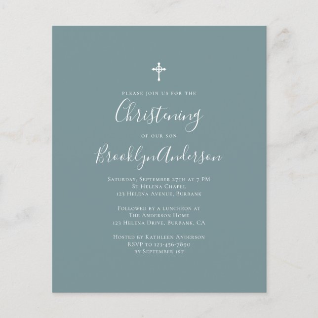 Papier Budget Blue Green Christening Invitation (Devant)