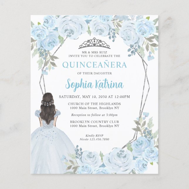 Papier Budget Blue gris clair Floral Princess Quinceañera (Devant)