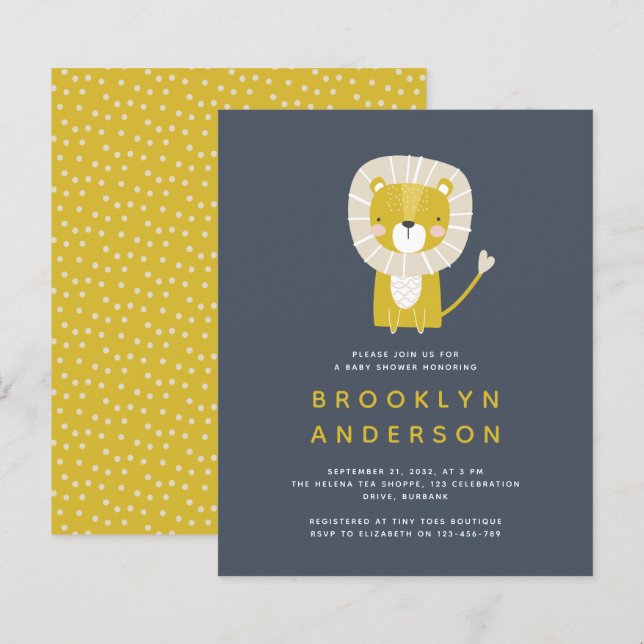 Papier BUDGET Blue Lion Boy Baby shower Invitation (Devant / Derrière)