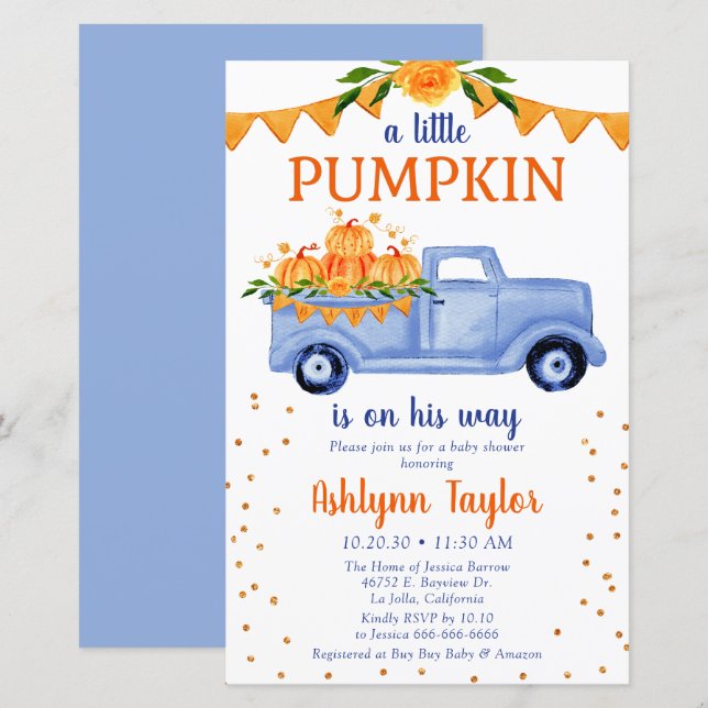 Papier Budget Blue Little Citrouille Baby shower Invitati (Devant / Derrière)