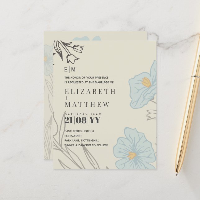 Papier BUDGET Blue Poppy Magnolia Faire-part de mariage (Devant/Arrière en situation)
