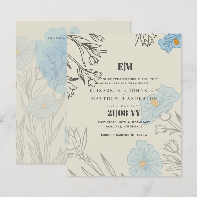 Papier BUDGET Blue Poppy Magnolia Faire-part de mariage (Devant / Derrière)