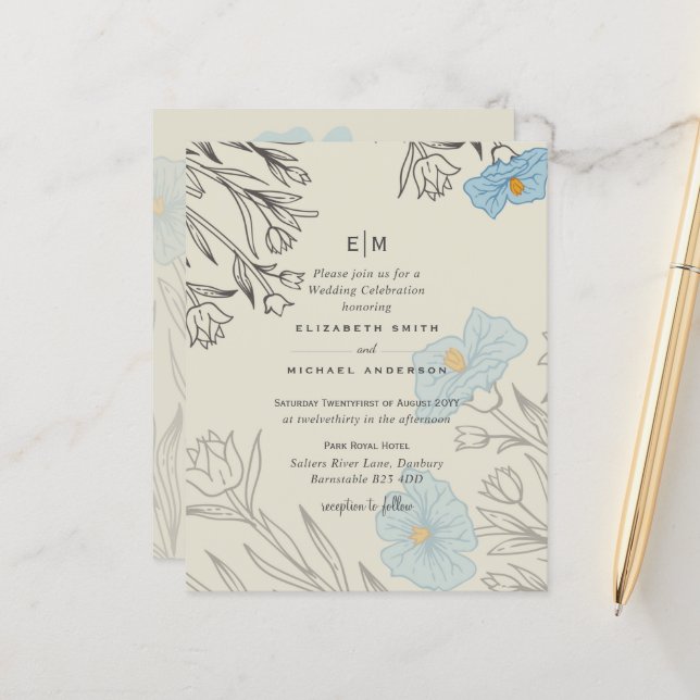 Papier BUDGET Blue Poppy Magnolia Faire-part de mariage (Devant/Arrière en situation)