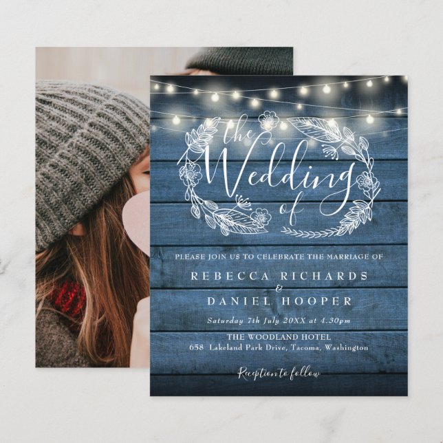 Papier Budget Blue Rustic Wood Photo Wedding Invitation (Devant / Derrière)