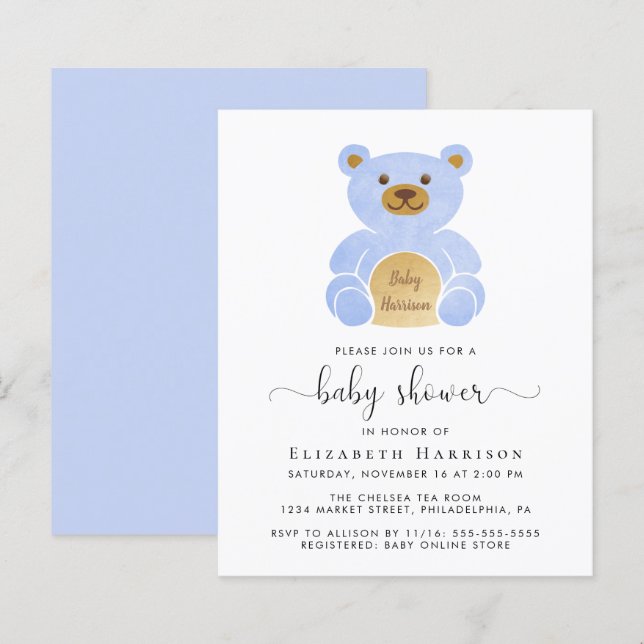 Papier Budget Blue Teddy Bear Baby Boy Shower Invitation (Devant / Derrière)