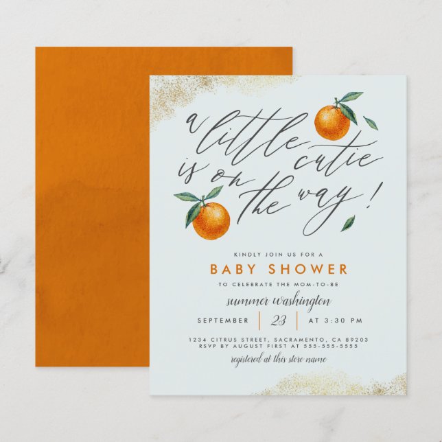 Papier Budget Blue Un Petit Baby shower Orange Cutie (Devant / Derrière)