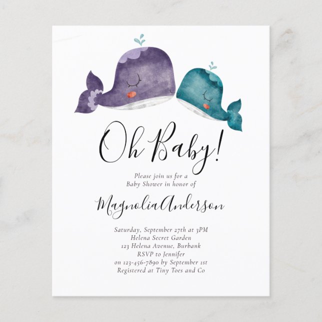 Papier BUDGET Blue Whale Oh Baby shower Invitation (Devant)