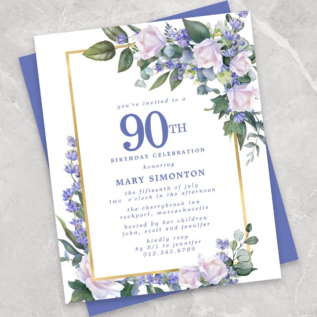 Papier Budget Blue White Floral 90e Invitation anniversai (Créateur téléchargé)
