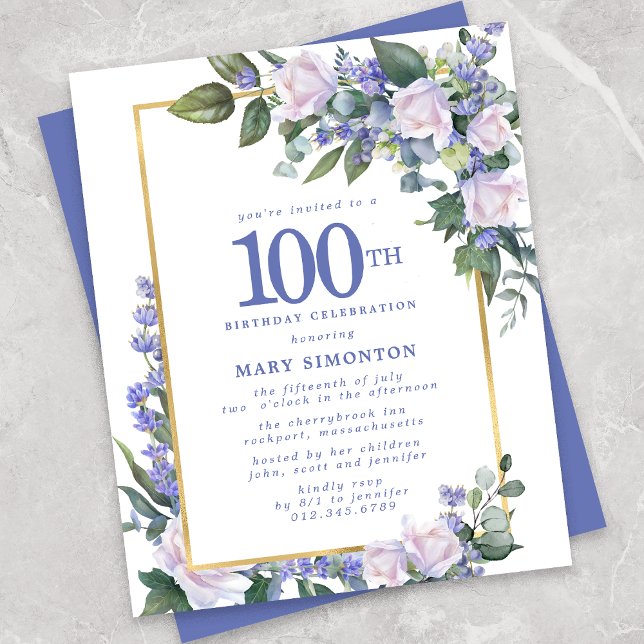 Papier Budget Blue White Floral Invitation 100e anniversa (Créateur téléchargé)