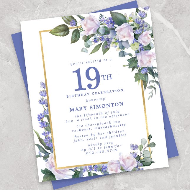 Papier Budget Blue White Floral Invitation 19e anniversai (Créateur téléchargé)