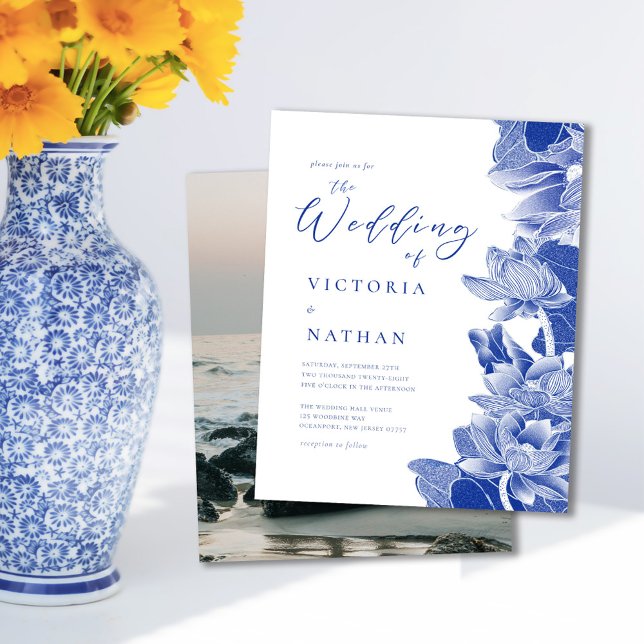 Papier Budget Blue White Floral Photo Wedding Invitation (Créateur téléchargé)