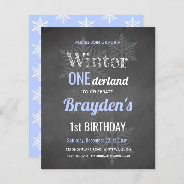Papier Budget Blue Winter Onederland 1er anniversaire Inv (Devant / Derrière)