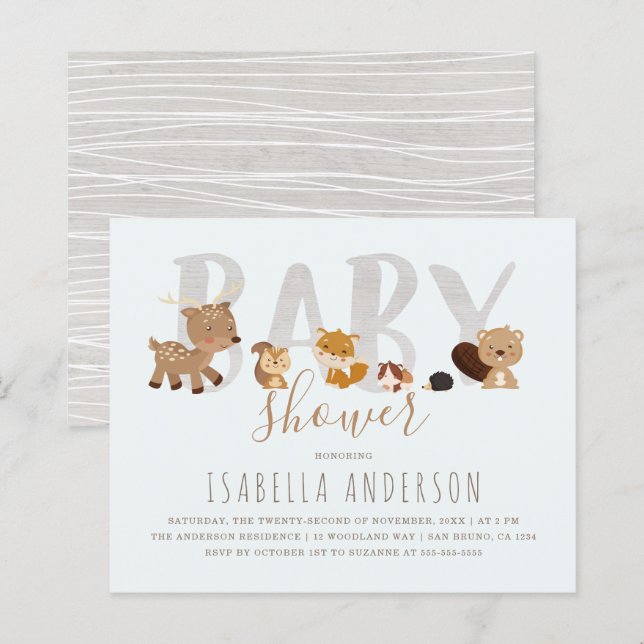 Papier Budget Blue Woodland Animaux Baby shower neutre (Devant / Derrière)