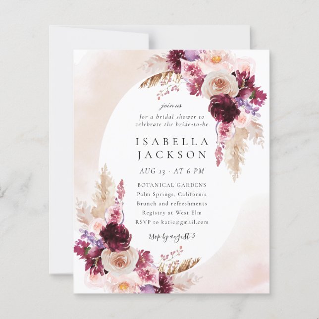 Papier Budget Blush Boho Floral Bridal Shower Invitation (Devant)