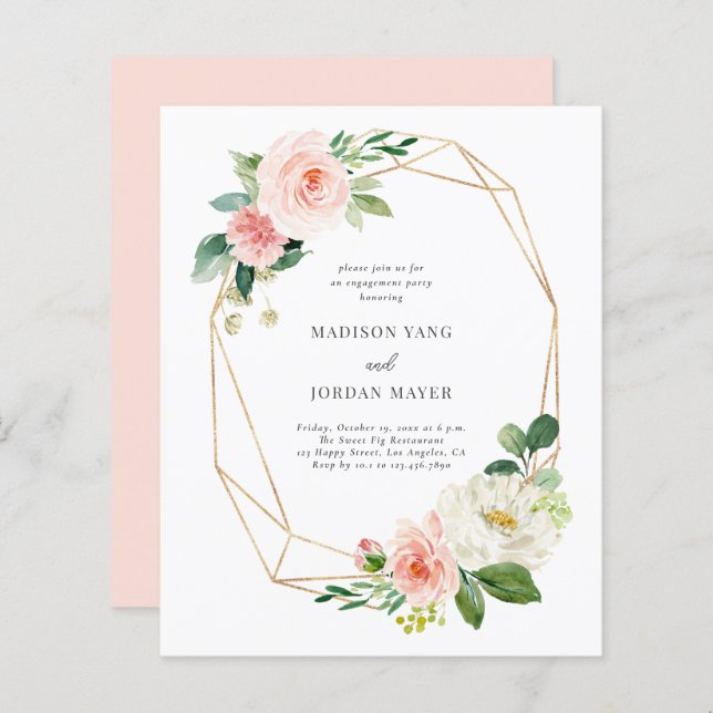 Papier Budget Blush Floral Engagement Party Invitation (Devant / Derrière)