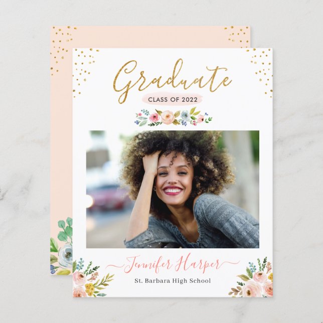 Papier Budget Blush Floral Photo Graduation Faire-part (Devant / Derrière)
