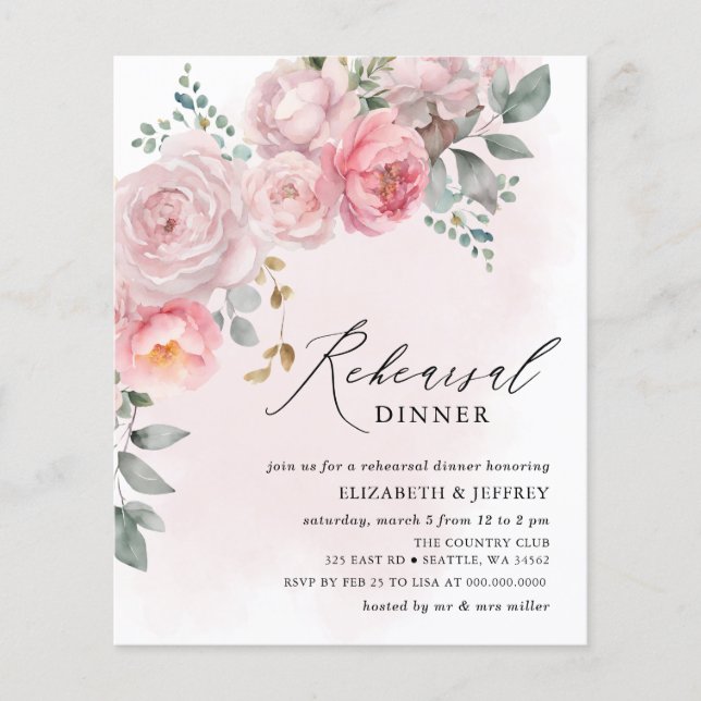 Papier Budget Blush Floral Répétition Dîner Invitations (Devant)