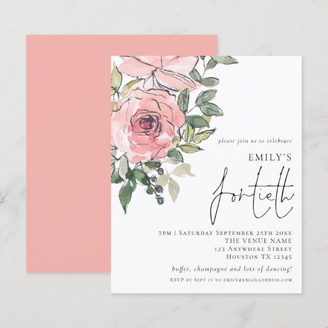 Papier Budget Blush Florals Quarantième anniversaire Invi (Devant / Derrière)