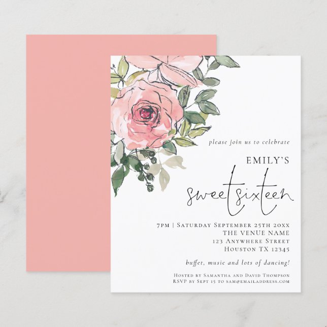 Papier Budget Blush Florals Sweet 16 Invitation (Devant / Derrière)