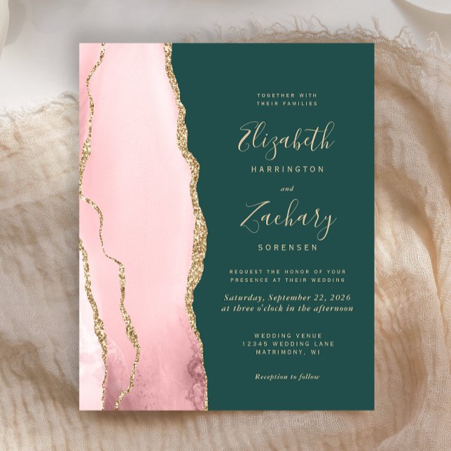 Papier Budget Blush Gold Agate Faire-part de mariage vert (Créateur téléchargé)